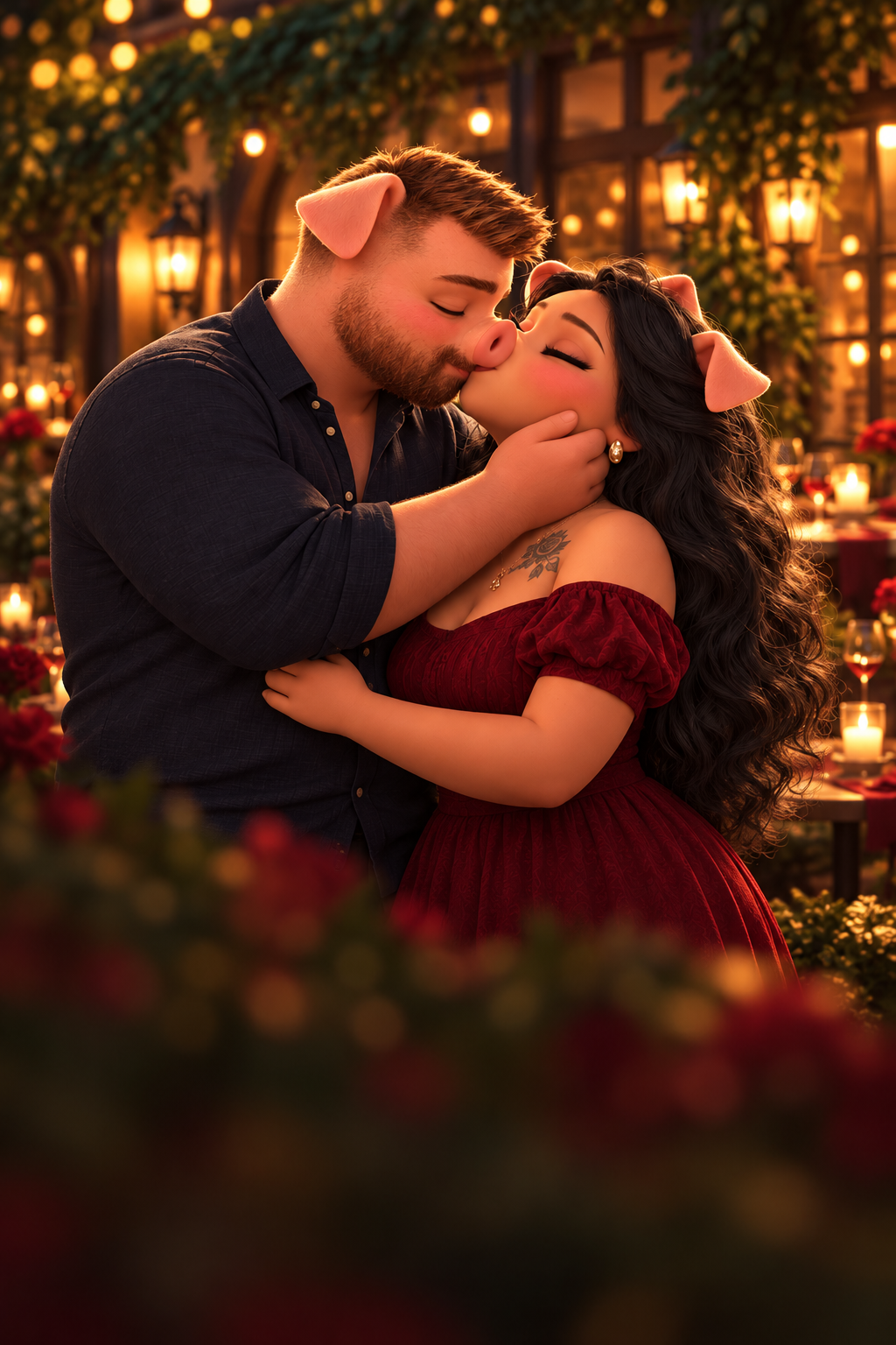 Us as a pig couple sharing a kiss outside a glowing restaurant